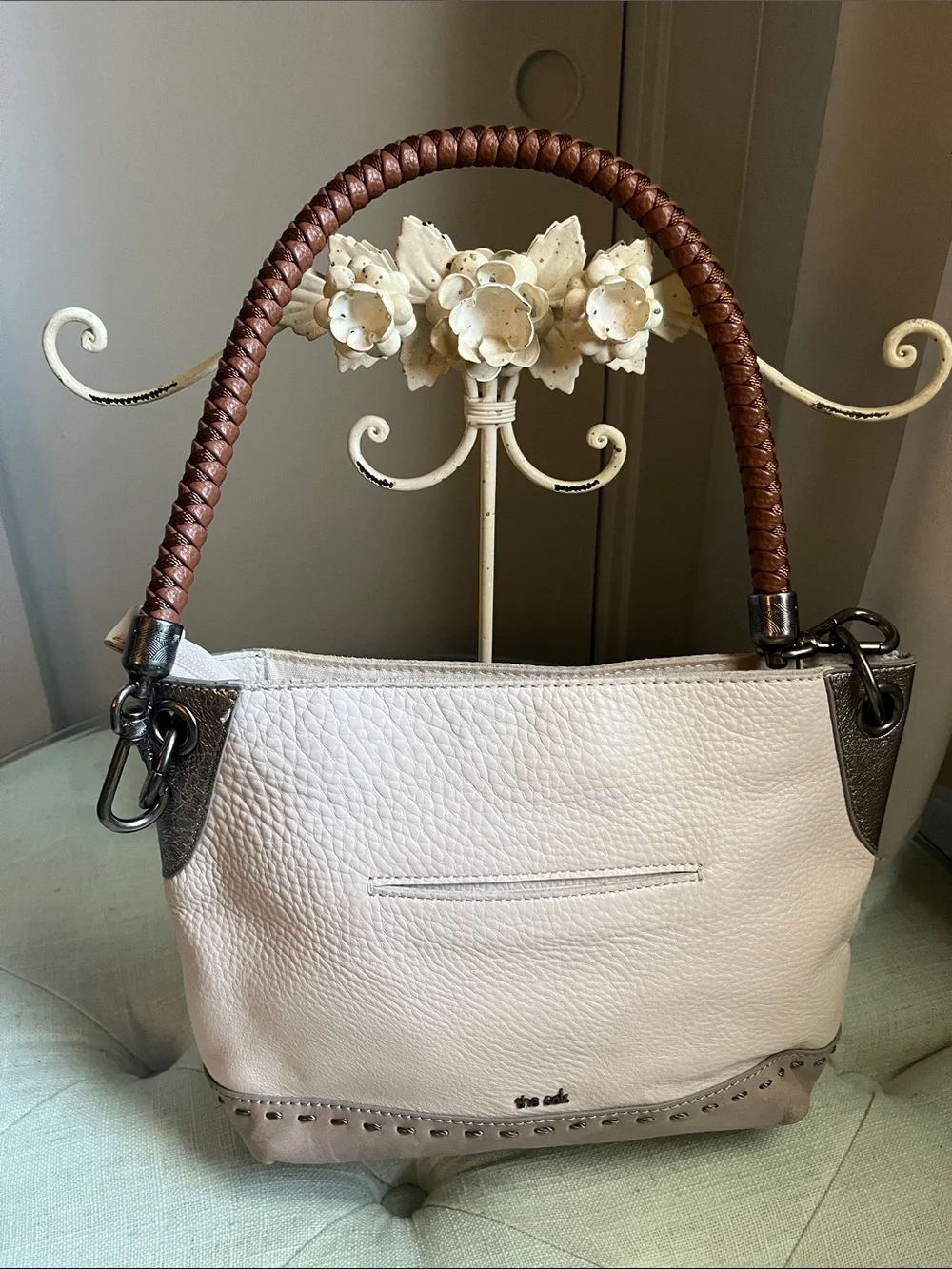 The Sak Cream Pebbled Leather Shoulder Bag with Brown Braided Handle - Picture 1 of 15